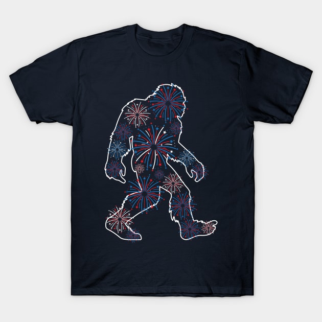 Patriotic Bigfoot Sasquatch Silhouette 4th of July Fireworks T-Shirt by CreativeFit